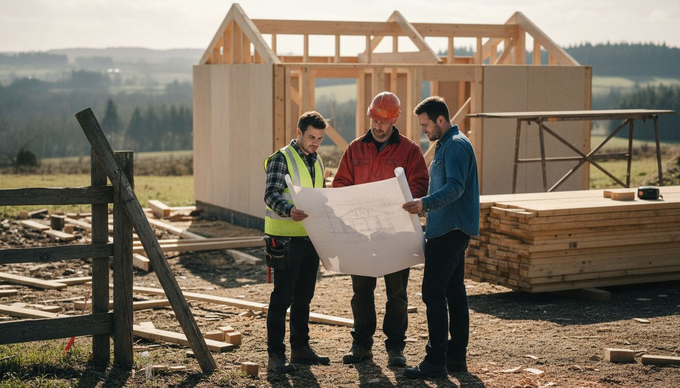 Workers reviewing timber structure in progress