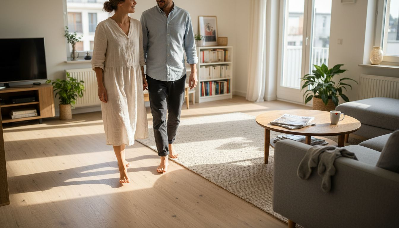 Ein Paar genießt den wohnlichen Komfort ihres Hybridbodens im gemütlichen Wohnzimmer.