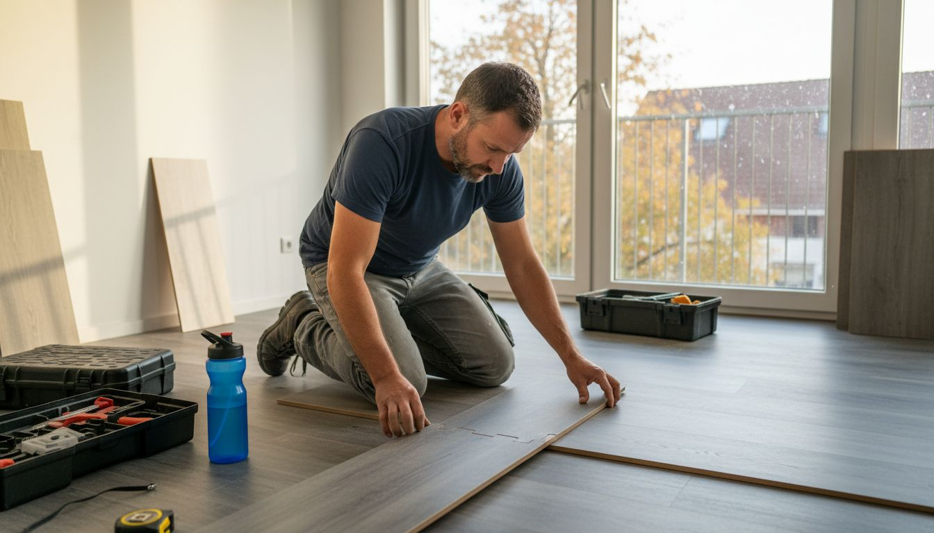 Ein Fachmann verlegt momentan neuen SPC-Boden im Wohnzimmer.