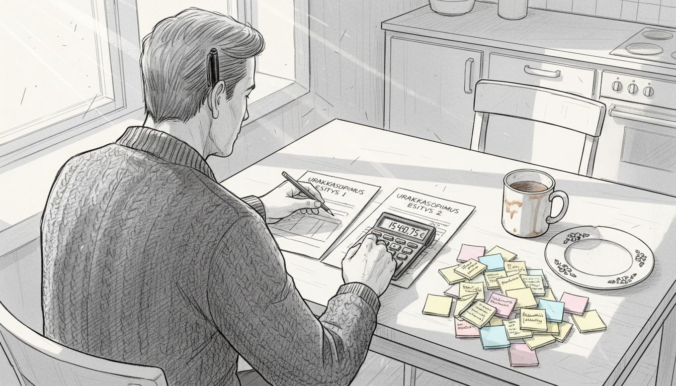 Mies istuu pöydän ääressä vertailemassa hirsitalotarjouksia.