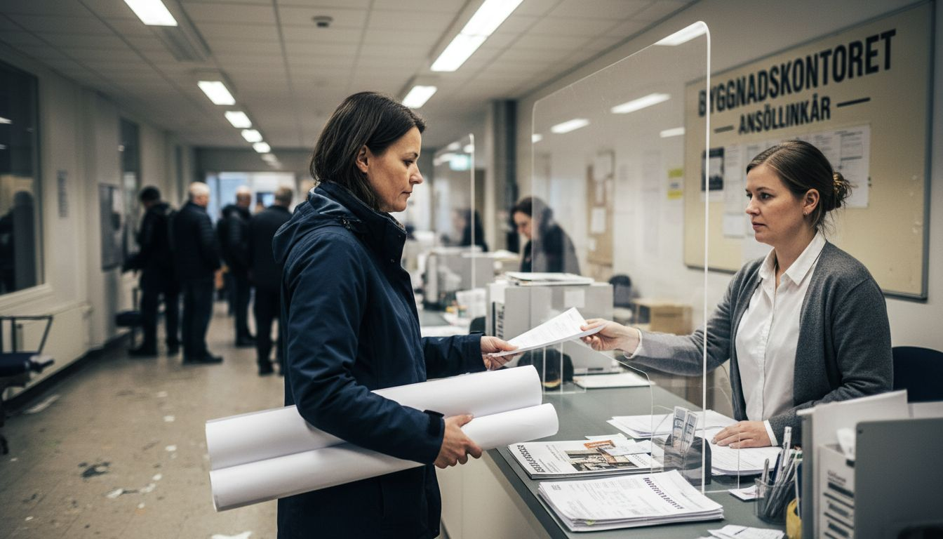 En kvinna ansöker om bygglov på kommunens kontor.