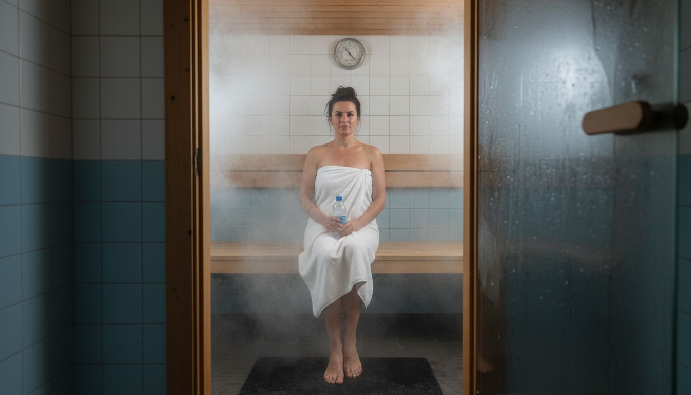 Woman sitting in a steamy tiled sauna