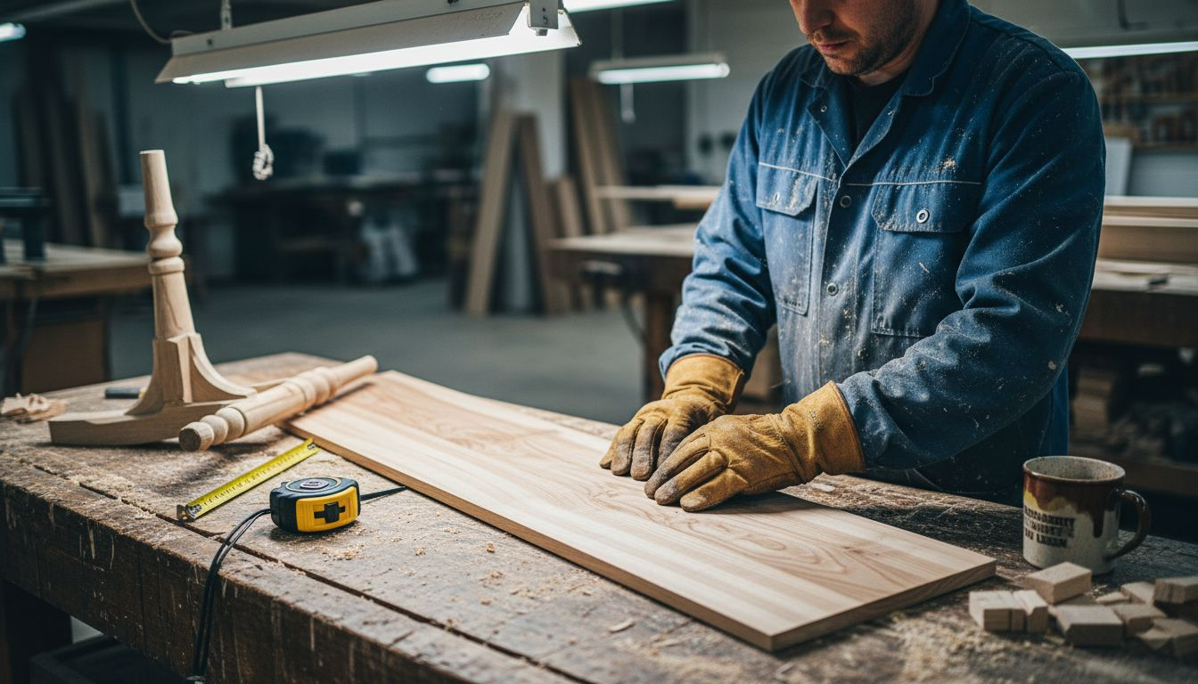 Ein Tischler begutachtet im Betrieb sorgfältig ein Stück Birkenholz.