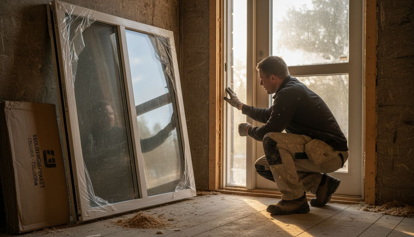 En montör ser över tätningen runt dörren bredvid de isolerglasförsedda fönstren.