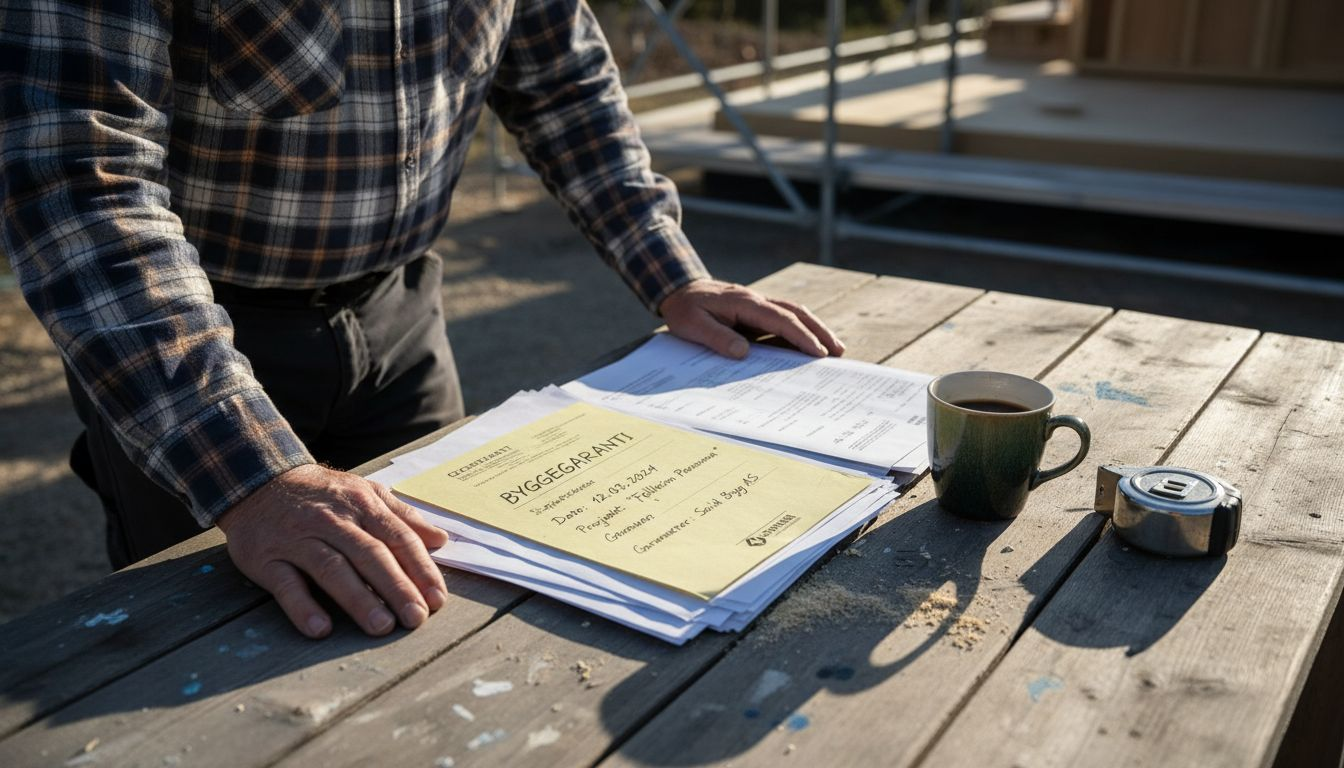 Byggelederen ser over garantier og kontraktsdokumenter for å sikre at alt er i orden.