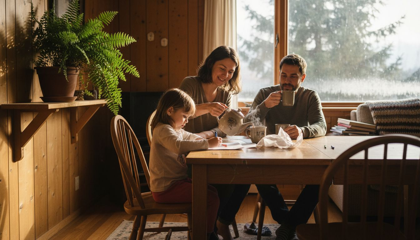 Family enjoying daily life in wood home