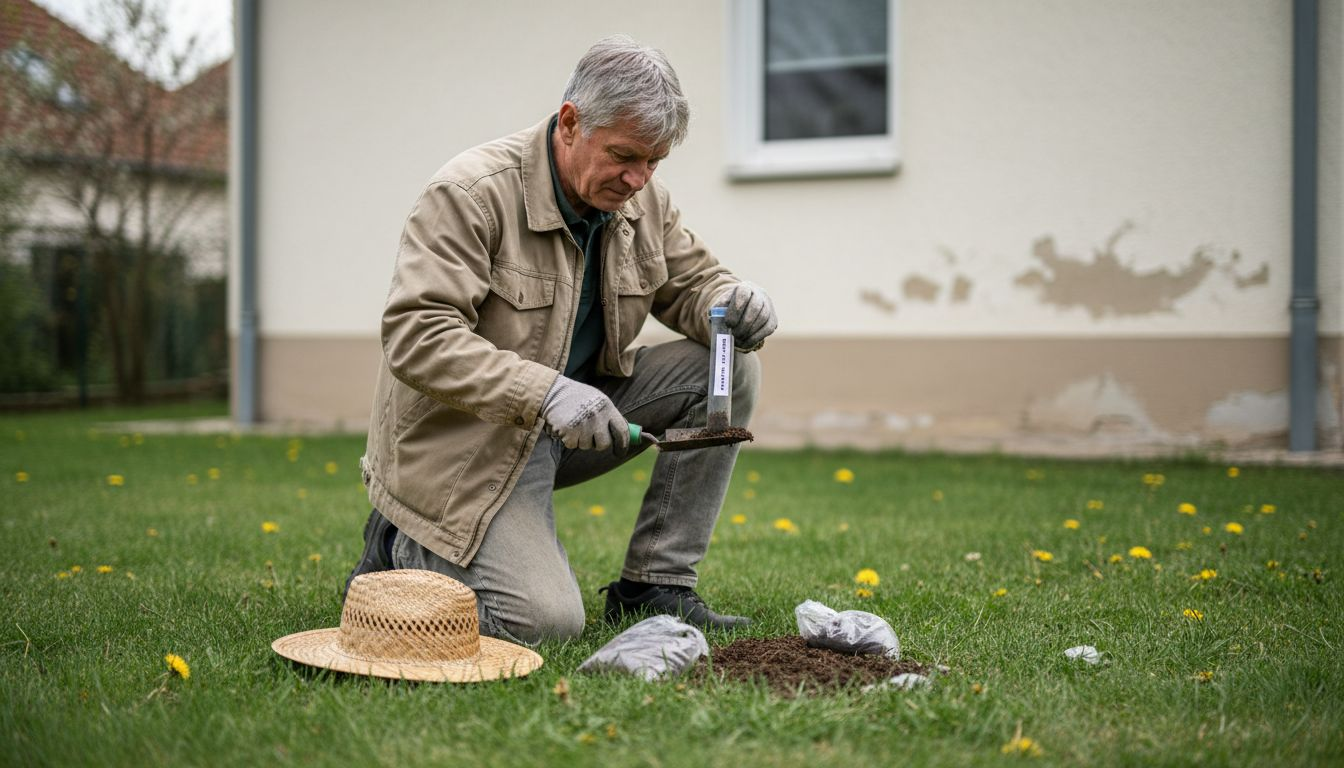 Ein Mann entnimmt eine Bodenprobe im Garten hinter dem Haus.