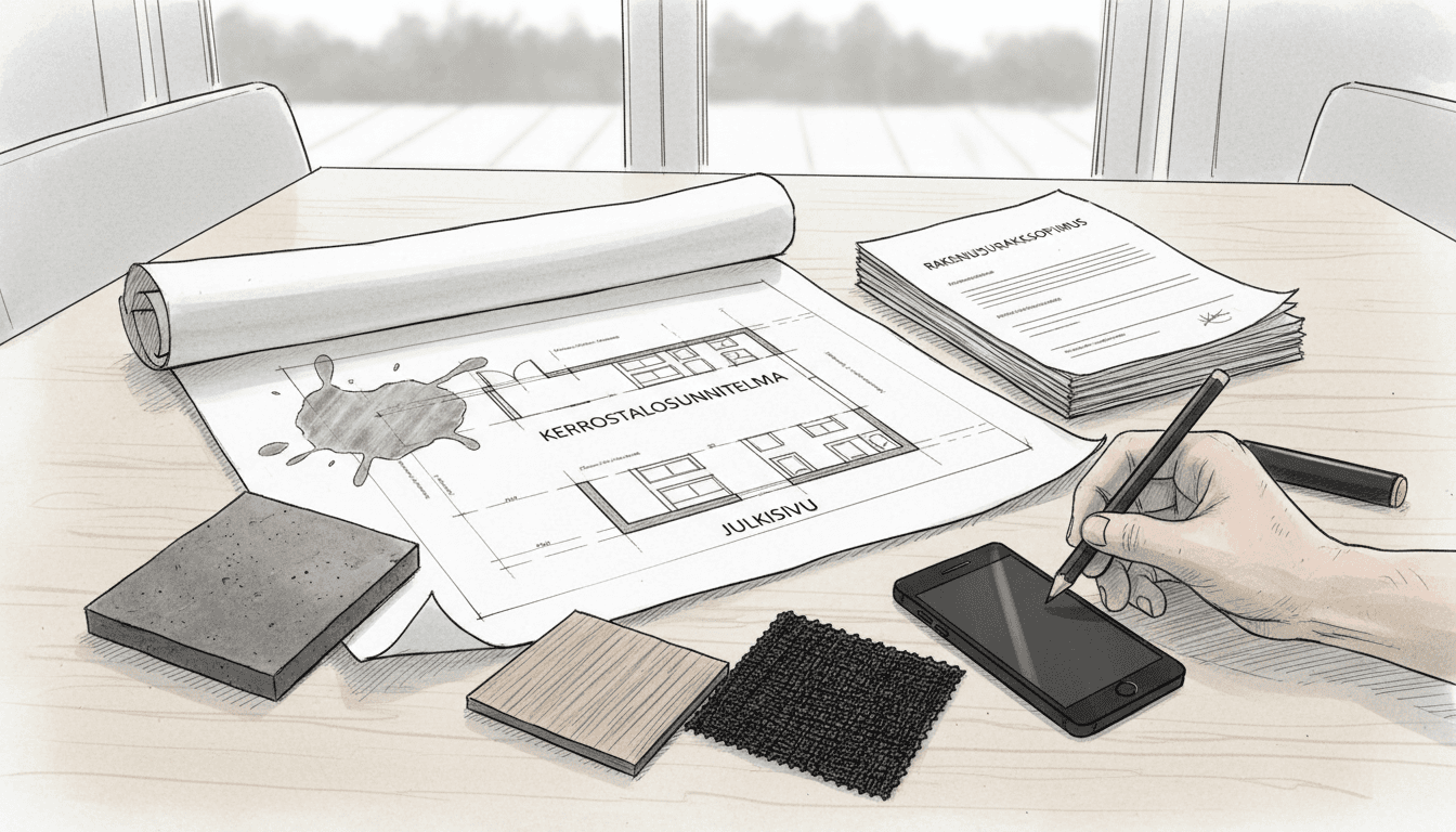 Rakennusprojektin piirustukset ja liiteasiakirjat työpöydällä
