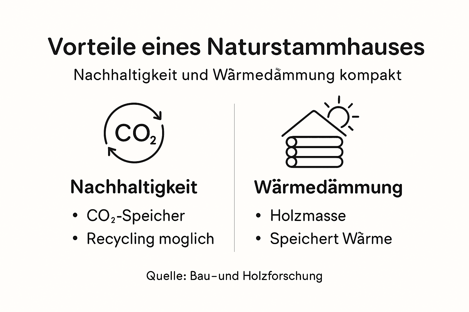 Infografik: Nachhaltigkeit und Wärmedämmung im Blockhausbau aus Naturstämmen