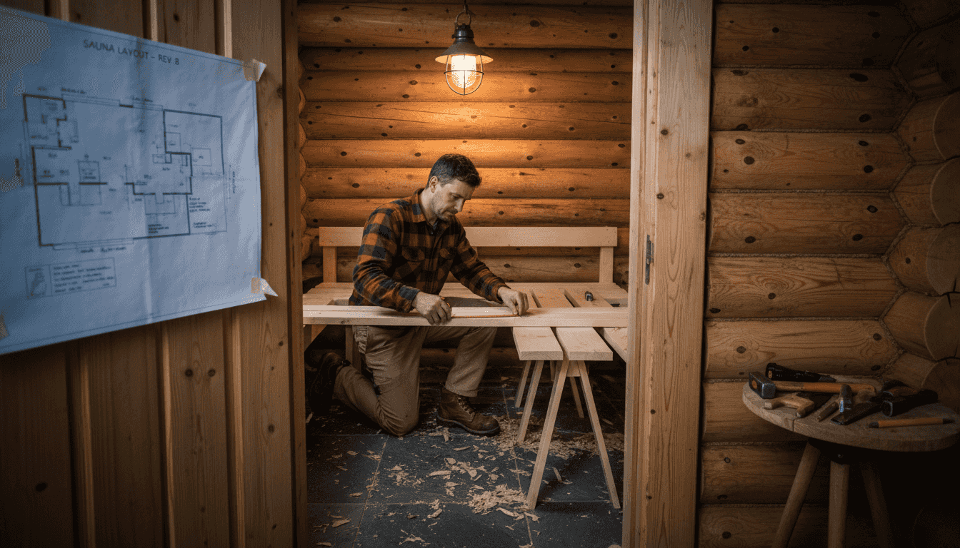Sauna interior under construction with carpenter