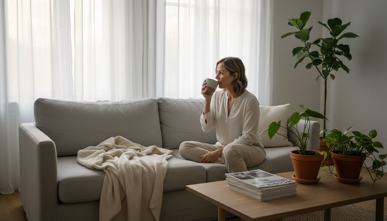 Eine Frau genießt eine Tasse Tee in einem gemütlich eingerichteten skandinavischen Wohnzimmer.