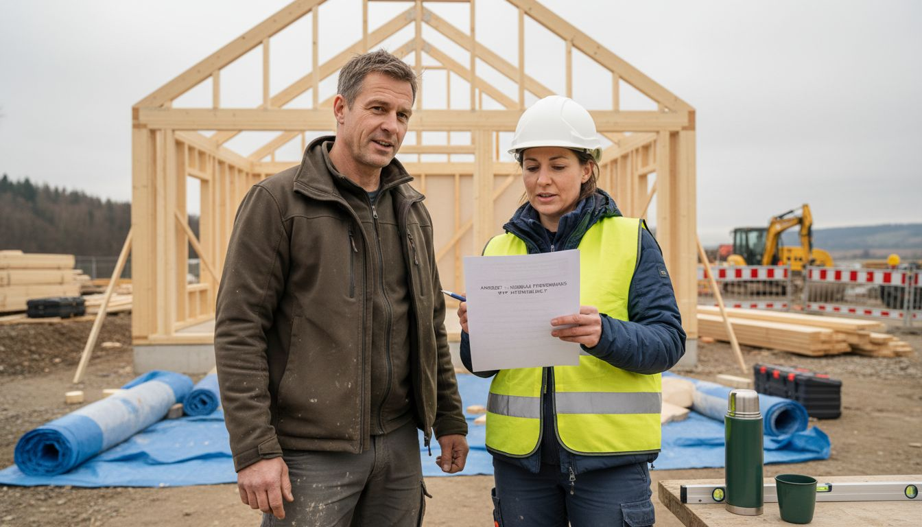 Der Bauherr und die Bauleiterin gehen draußen gemeinsam die Angebotsdetails durch.
