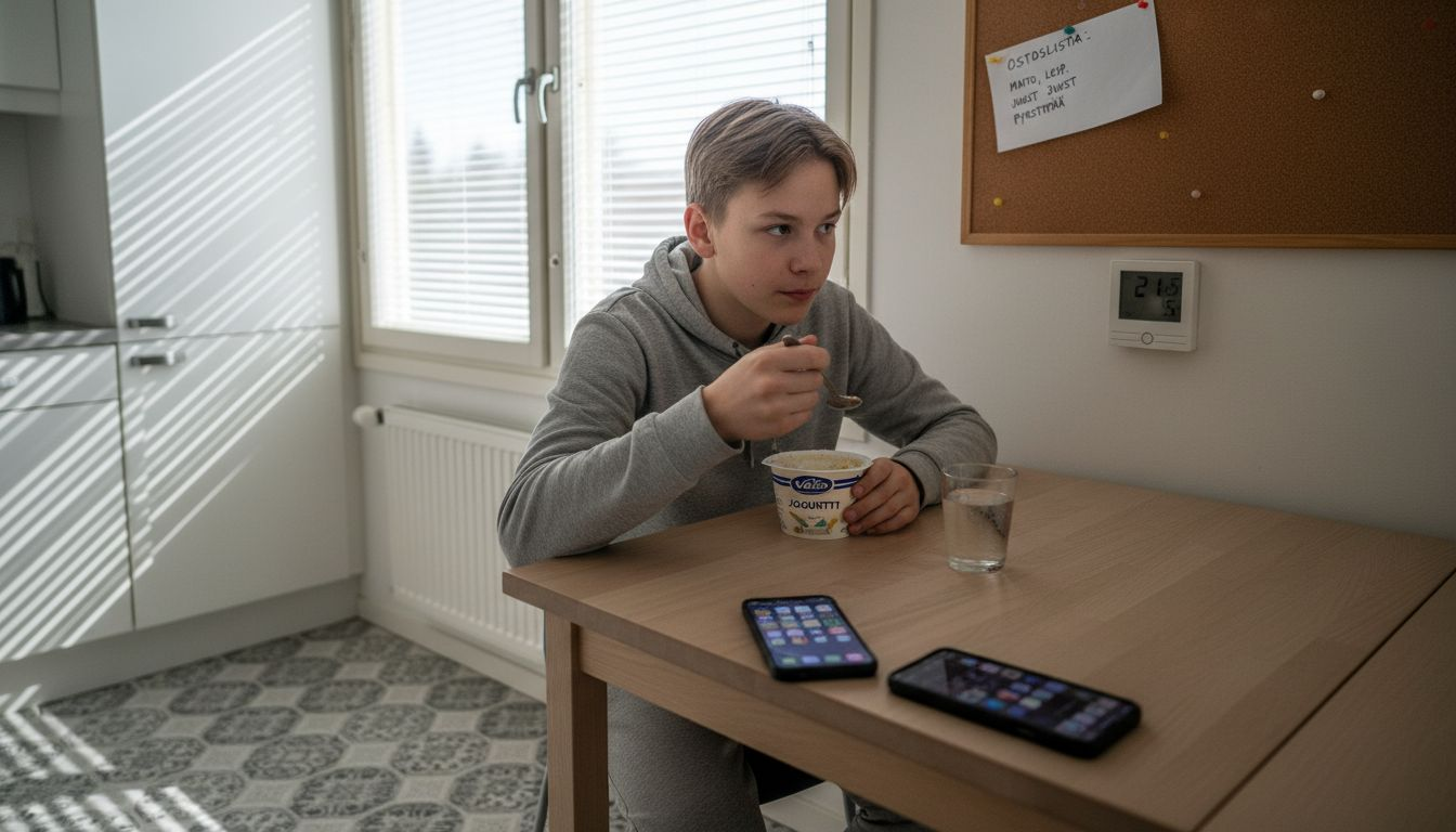 Teini viettää aikaa keittiössä, jossa on älykäs aurinkosuojajärjestelmä.