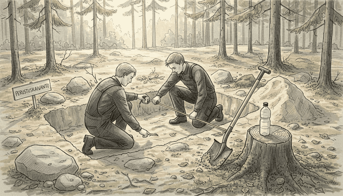 Työmiehet mittaavat saunan perustuksia metsäisellä tontilla.