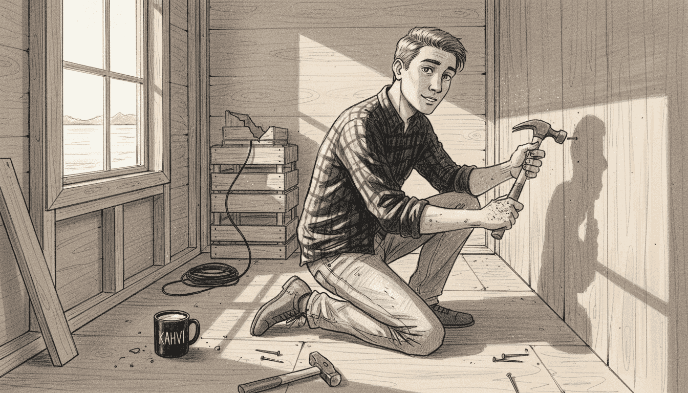 Mies asentamassa seinäpaneeleja mökillä järven rannalla.