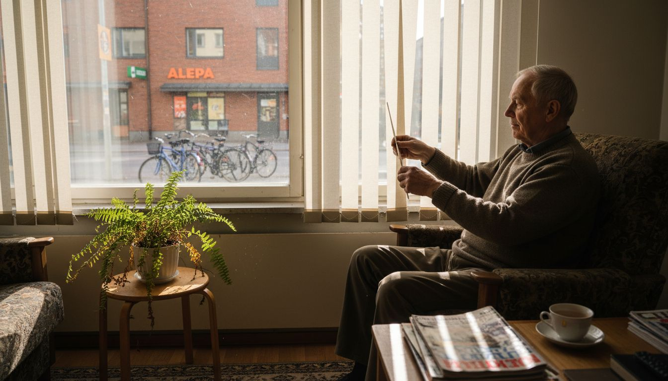 Mies säätää pystysälekaihtimia asunnossaan.