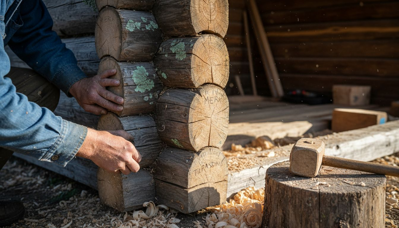 Nærbilde av hjørnesammenføyning på en tradisjonell laftet tømmerhytte