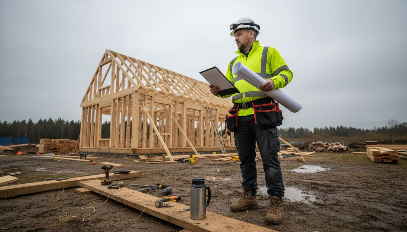 Inspector reviewing timber frame cottage site