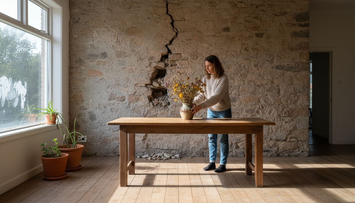 En kvinna arrangerar blommor i ett rum med stenväggar.