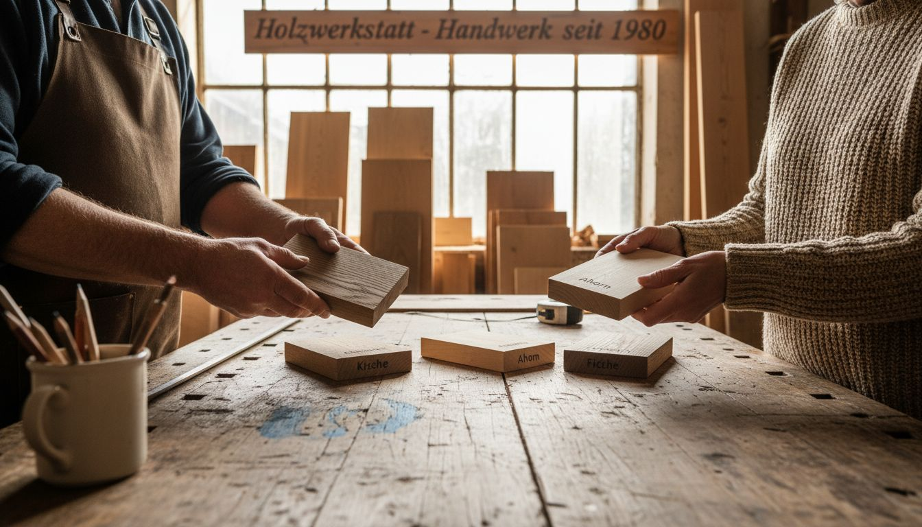 Interessierte begutachten finnische Holzproben ganz genau und vergleichen die unterschiedlichen Maserungen miteinander.