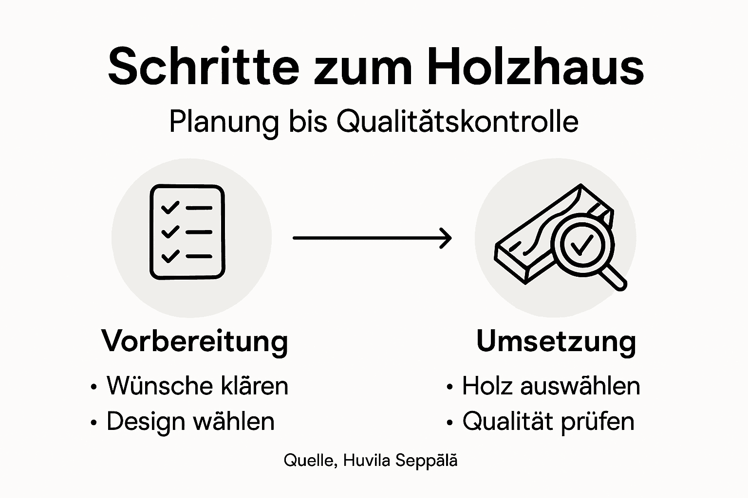 Schritt-für-Schritt-Infografik: So entsteht ein Holzhaus – minimalistisch und übersichtlich dargestellt