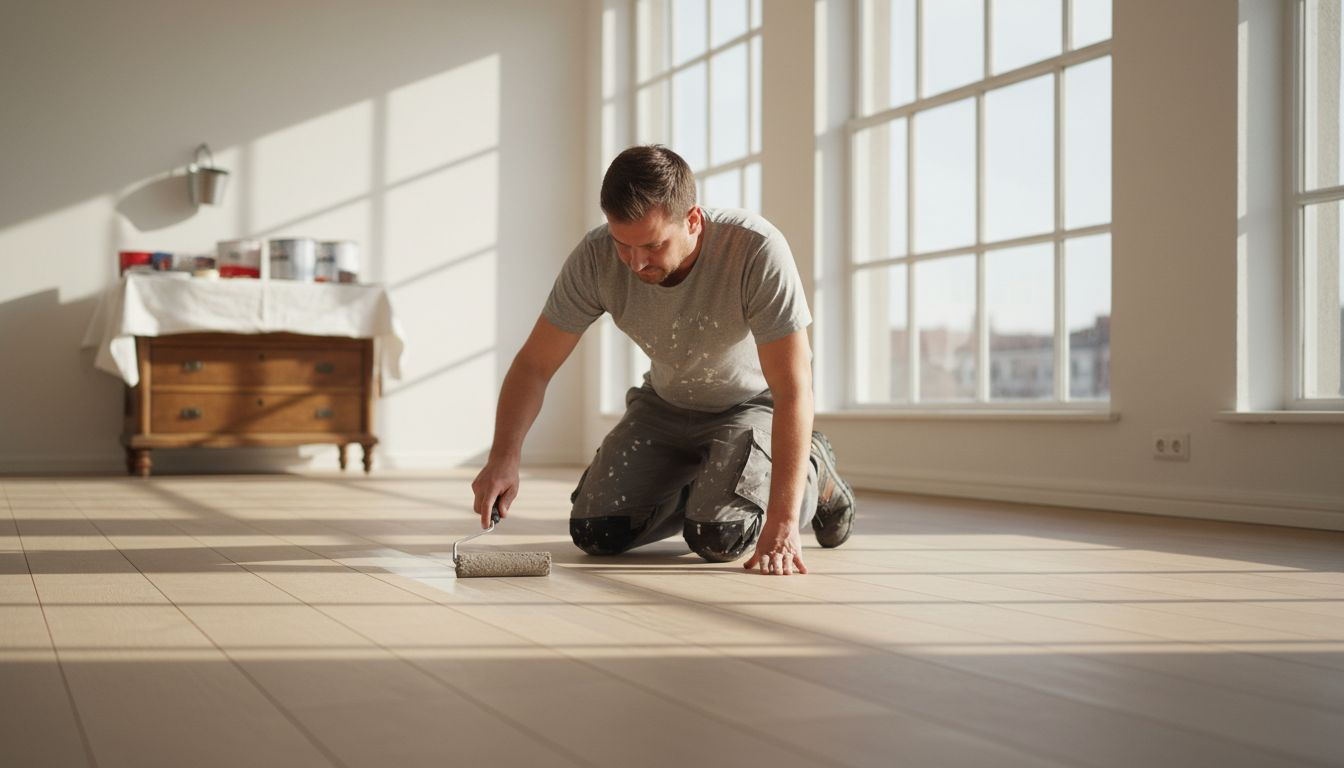 Ein Handwerker versiegelt den Holzboden mit einem matten Lack.