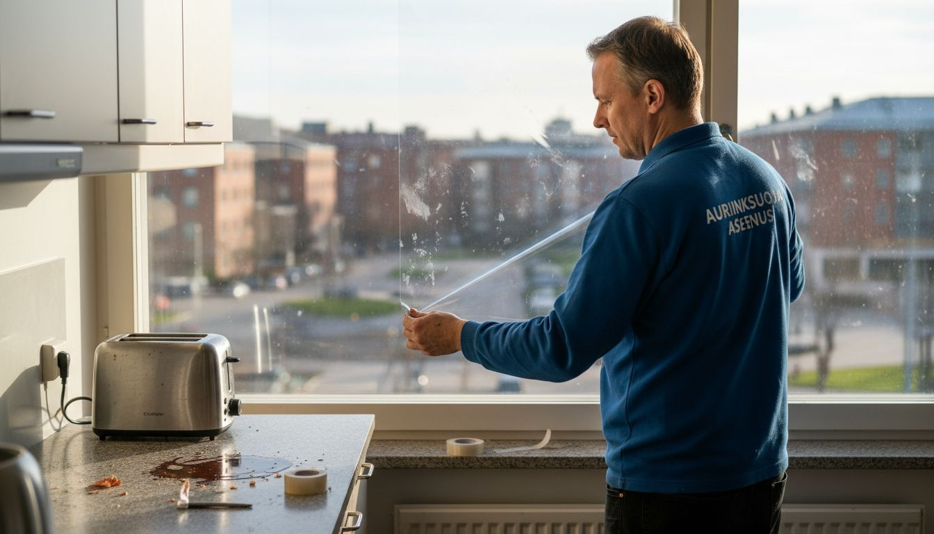 Asiantuntija asentaa aurinkosuojakalvoa keittiön ikkunaan.