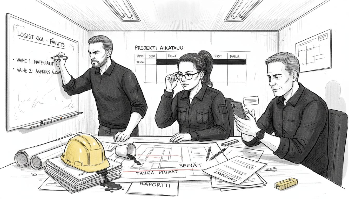 Johtajat käyvät läpi logistiikkasuunnitelmia ja tarkastelevat niiden toteutusta.