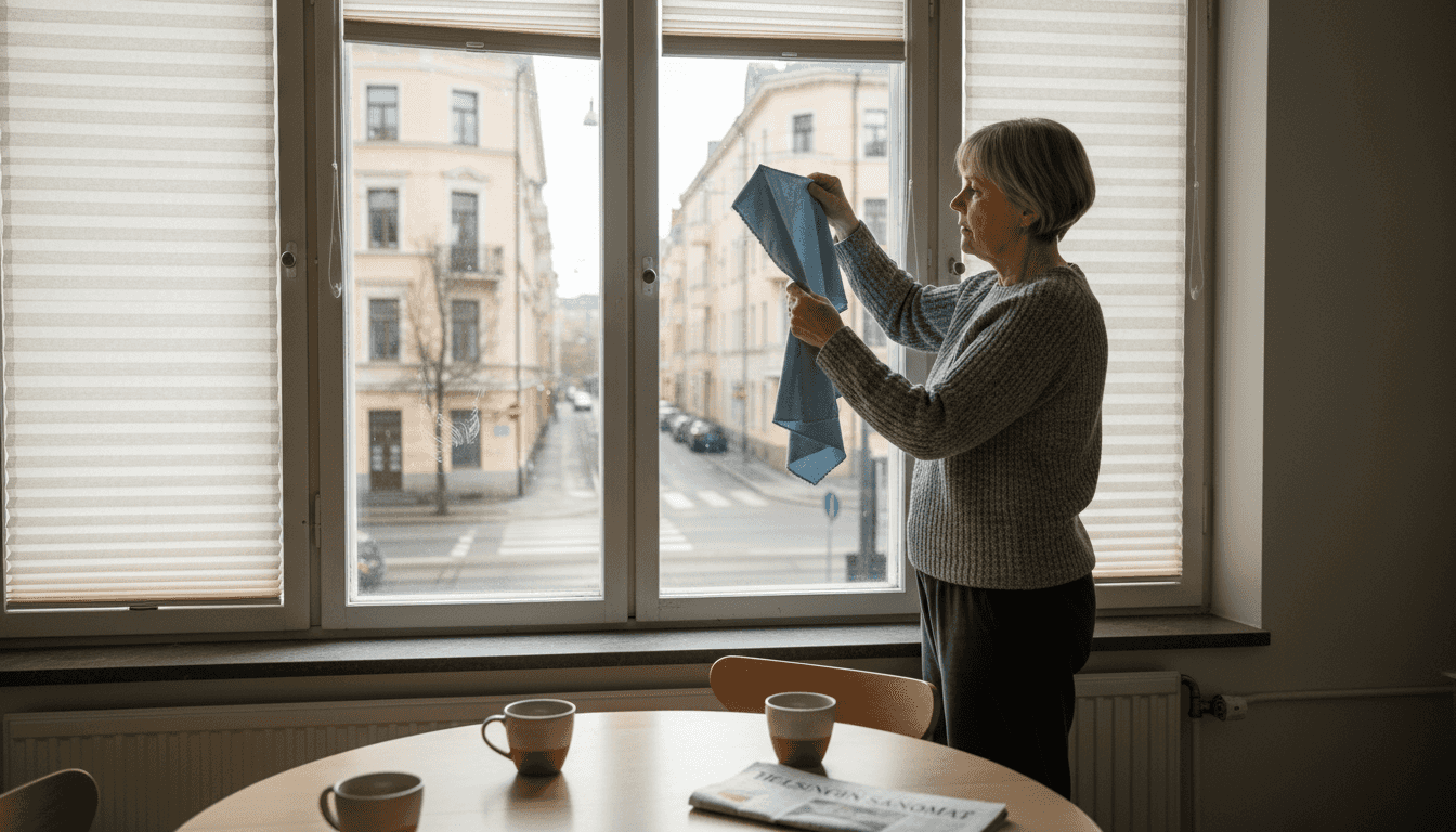Nainen vertailee olohuoneessa sälekaihtimia ja kangasverhoja, pohtien kumpi sopisi tilaan paremmin.