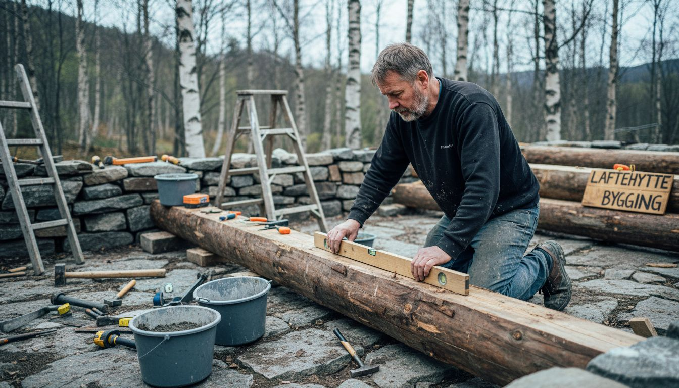 Snekkeren sørger for at tømmerstokken ligger riktig på steinfundamentet.