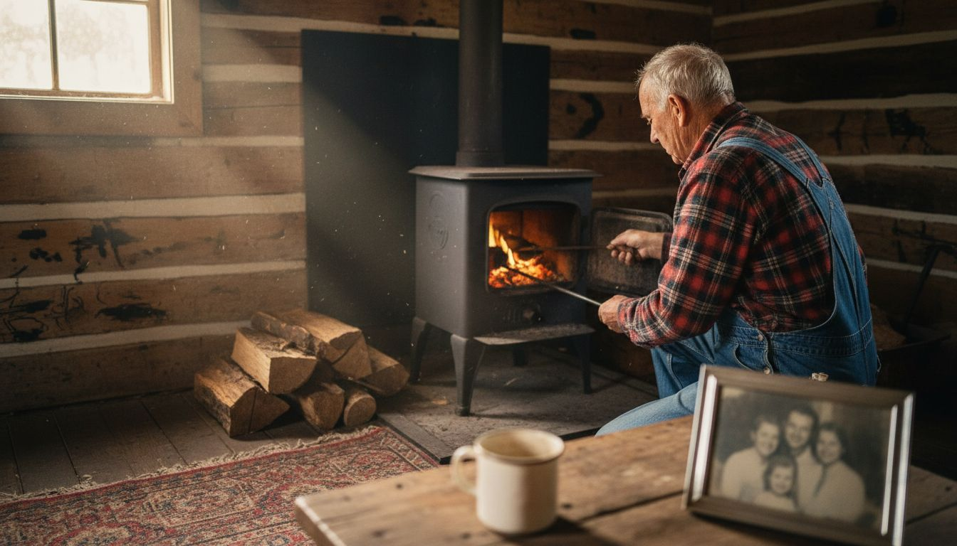 Man tending stove in rustic log cabin interior