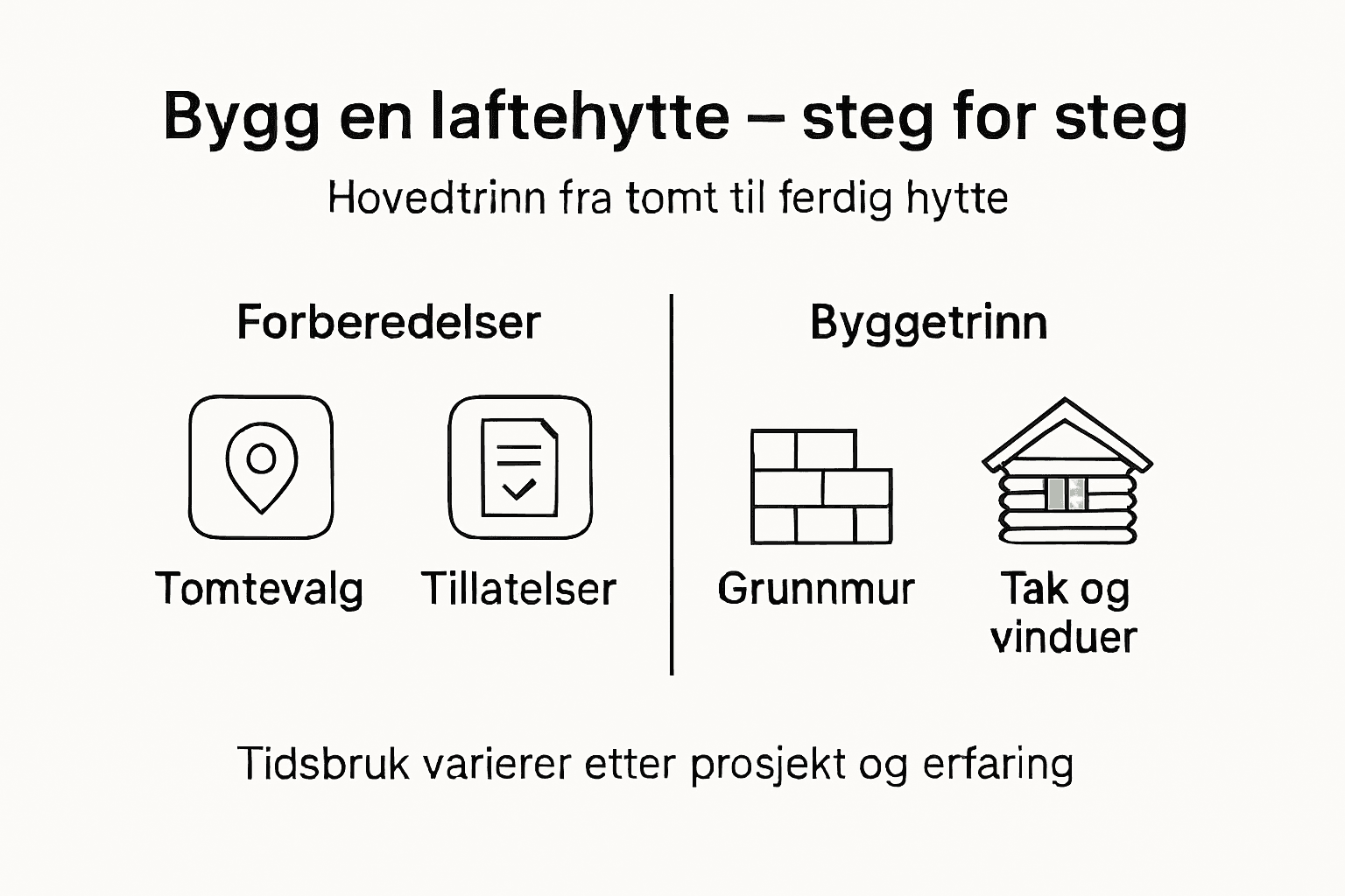 Grafisk fremstilling av trinnene i byggingen av en laftehytte