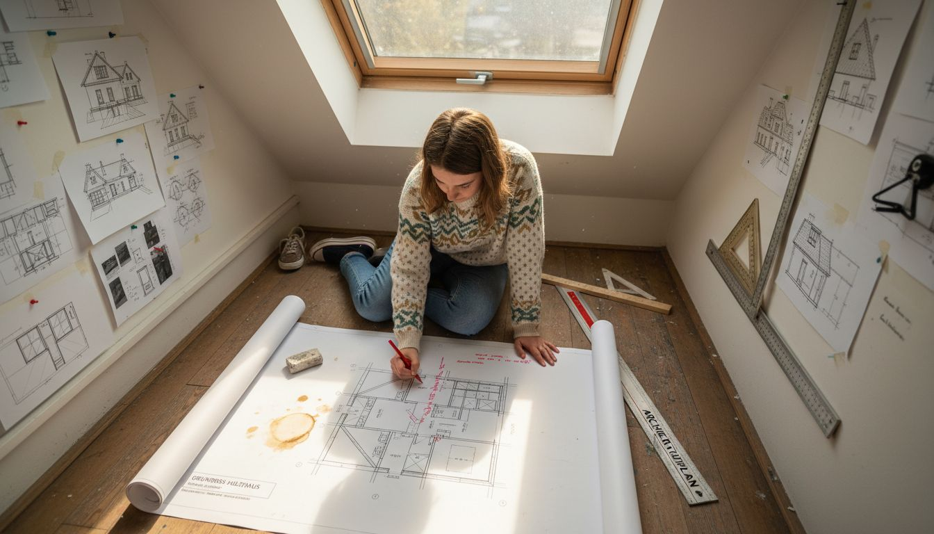 Ein Bauplaner zeichnet den Grundriss eines Holzhauses ein.