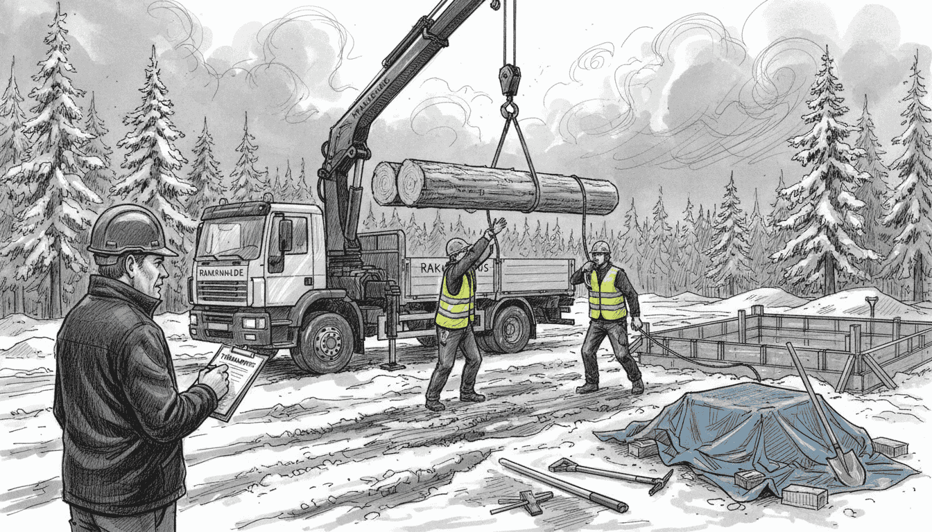 Toimitusporukka purkaa rakennustyömaalle saapuneita tukkeja kuorman päältä.