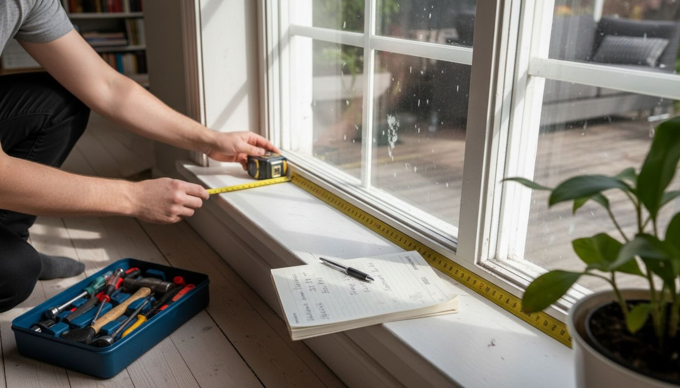 Omistaja mittaa olohuoneen ikkunan leveyttä mittanauhalla.