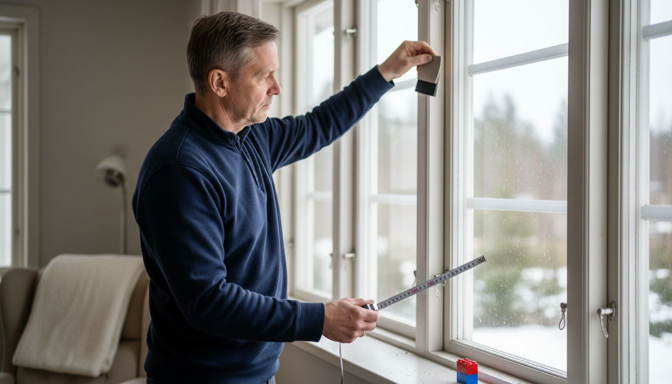 Mies mittaa helsinkiläiskotinsa ikkunaa uusia sälekaihtimia varten.