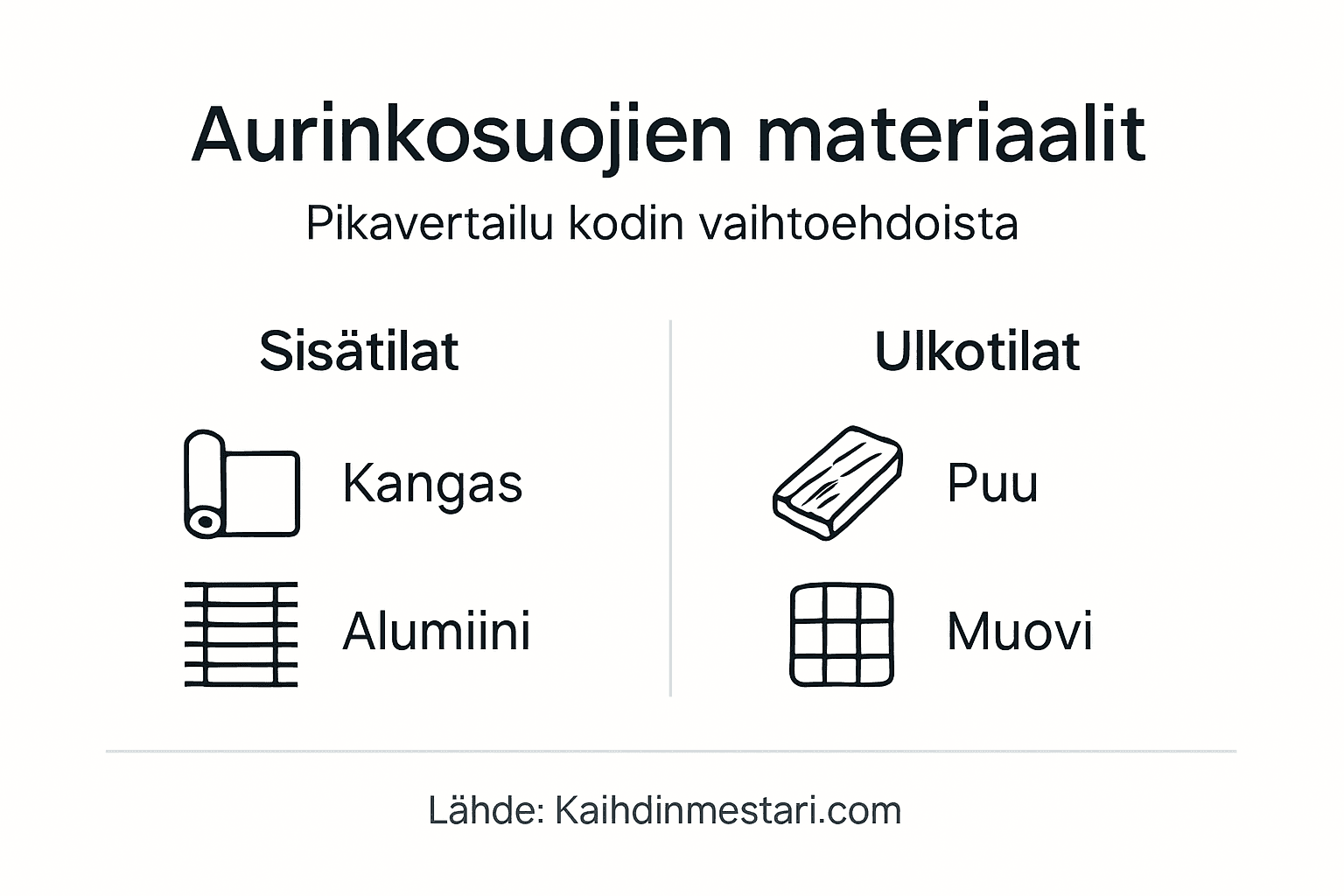 Infografiikka: eri materiaalien ominaisuudet aurinkosuojissa – mikä sopii sinulle parhaiten?