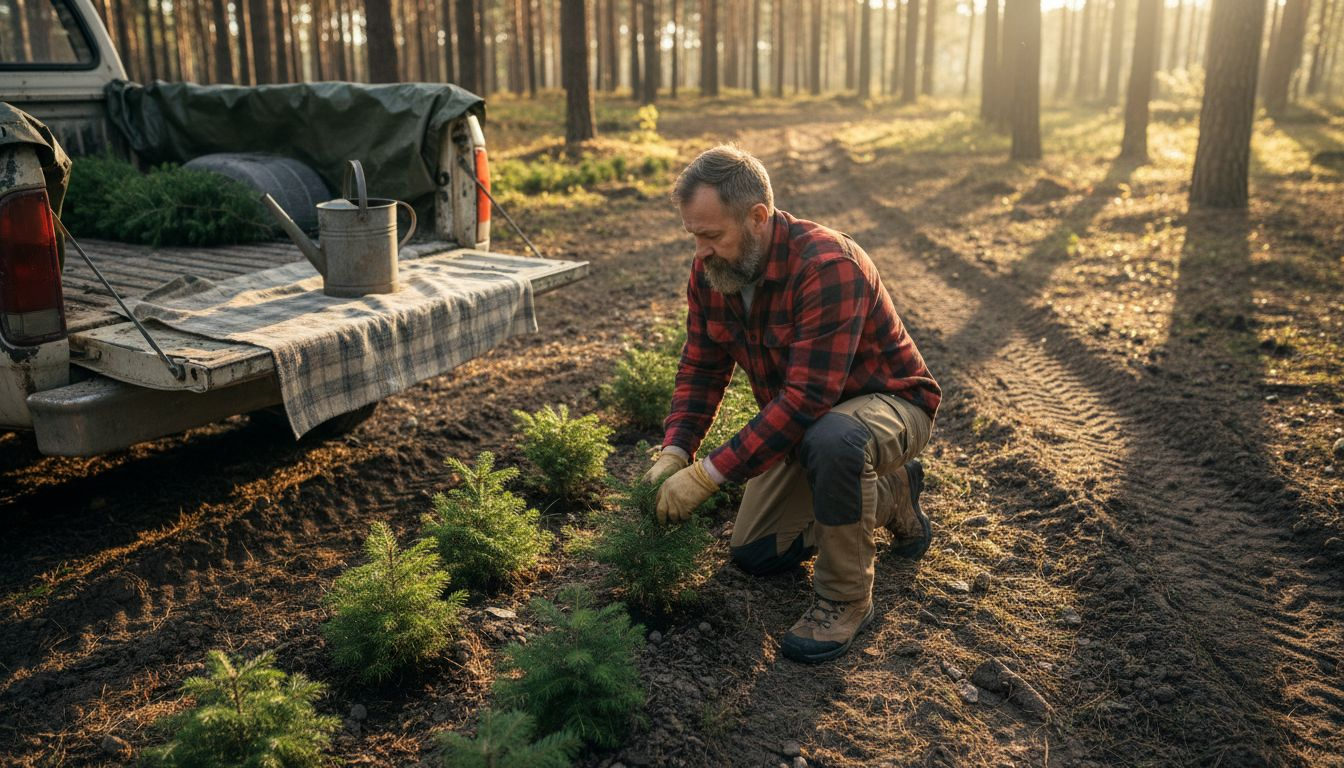 Ein Waldarbeiter setzt junge Bäume, um eine nachhaltige Bewirtschaftung des Waldes zu sichern.