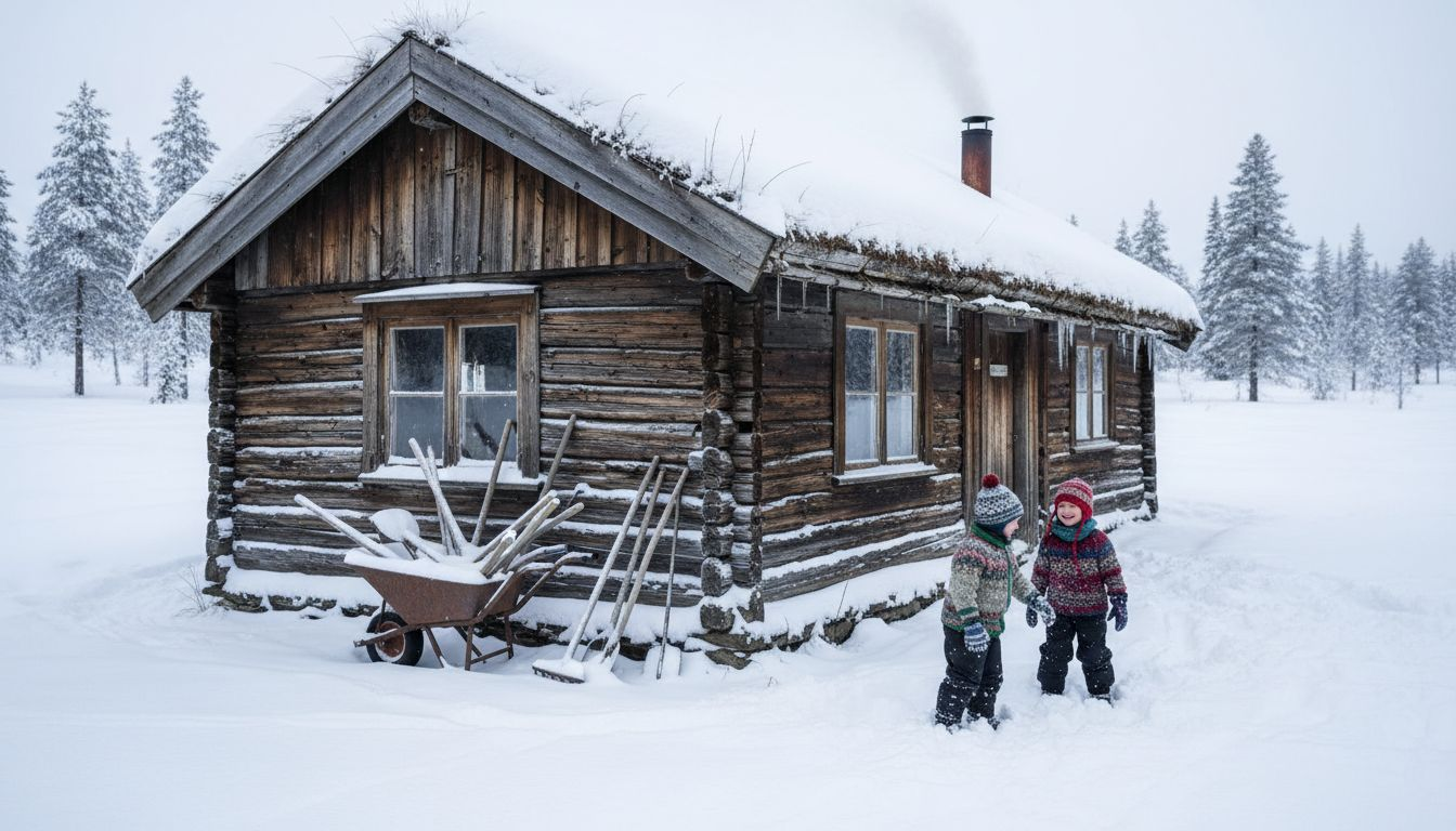 Gammel hytte uten isolasjon, perfekt for den ekte vinterfølelsen.