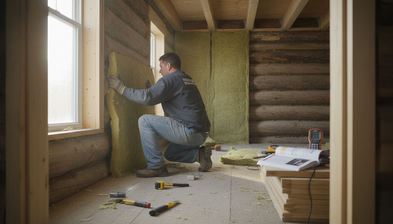 Installer adding insulation to log house wall