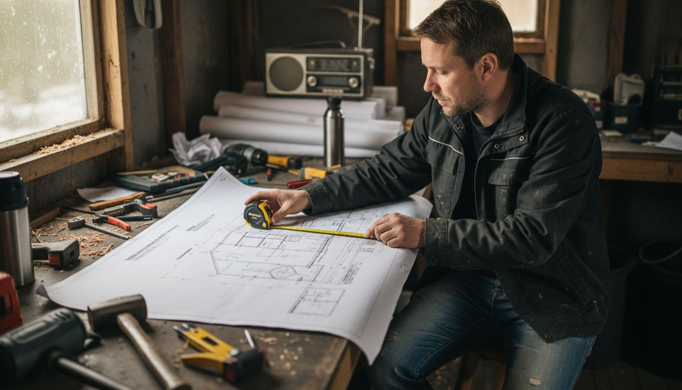 En konstruktör går igenom en teknisk ritning i byggboden.