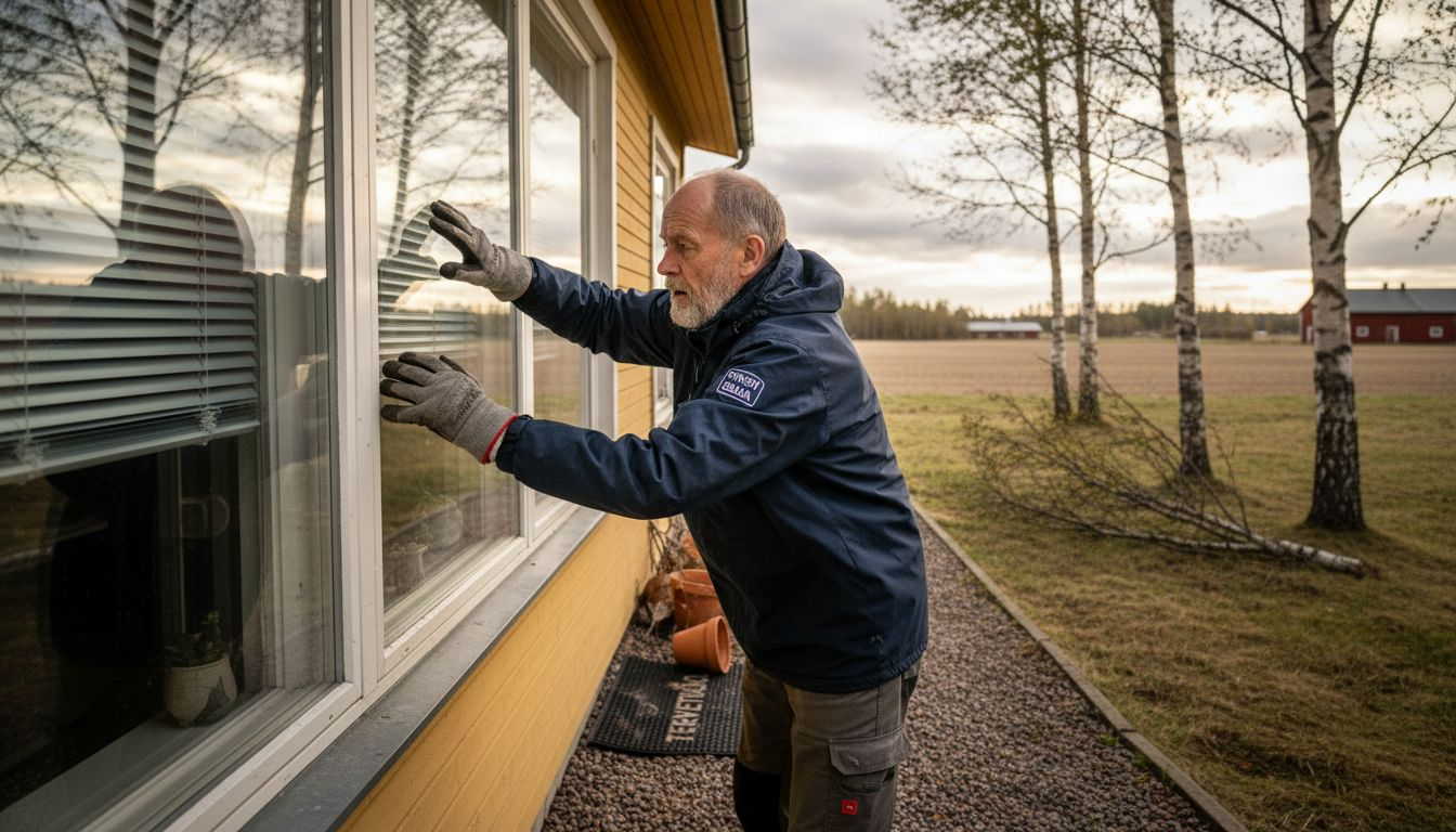 Mies kiinnittää terassin aurinkosuojia, jotta ne pysyvät paikoillaan tuulisella pihalla.