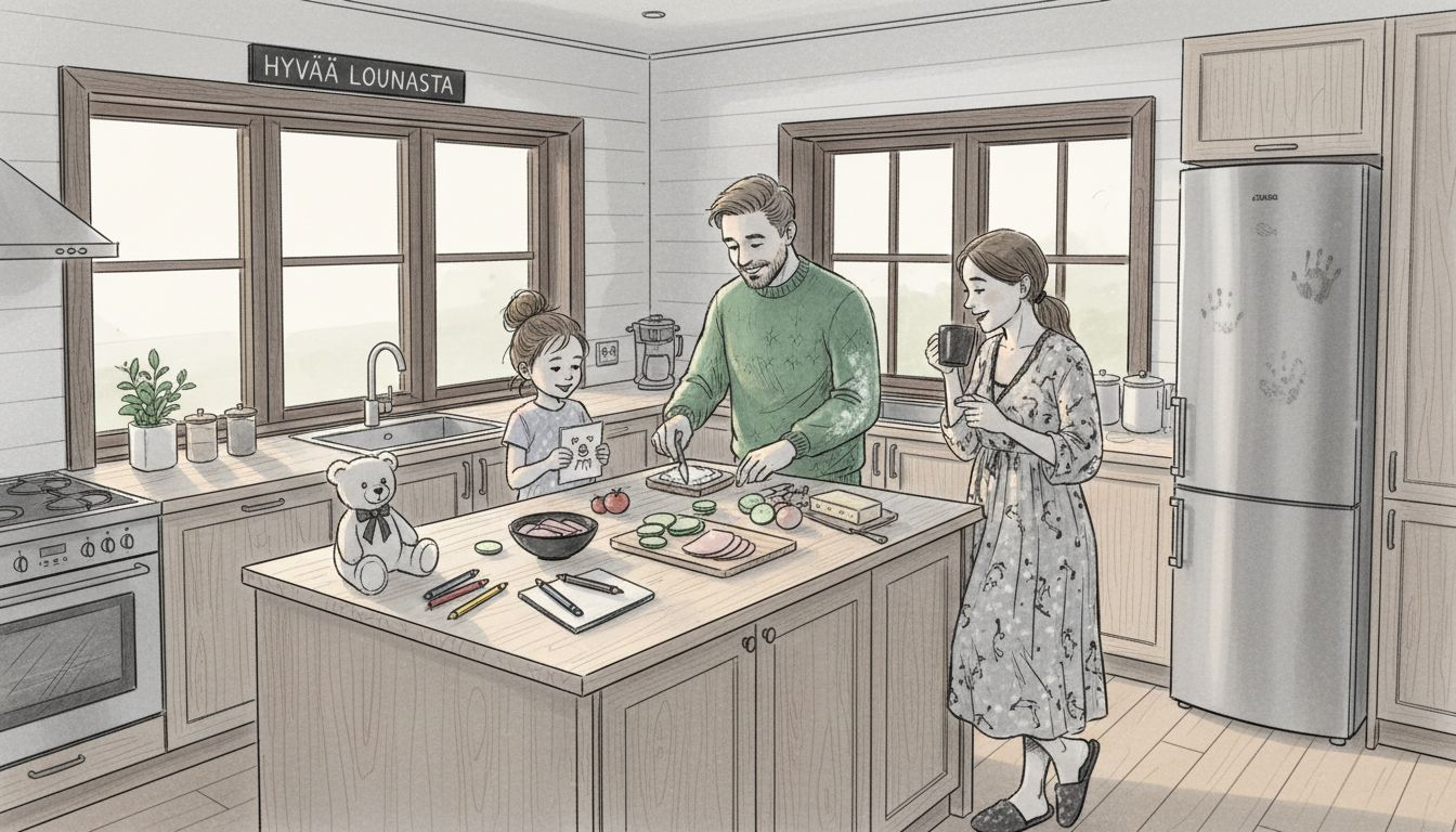 Perhe laittaa yhdessä lounasta hirsitalon keittiössä.