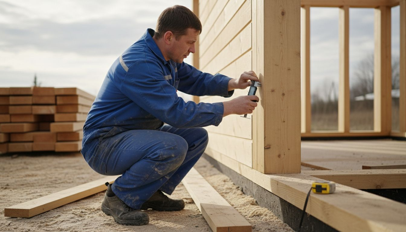 En snickare står och mäter upp en timmervägg på byggarbetsplatsen.