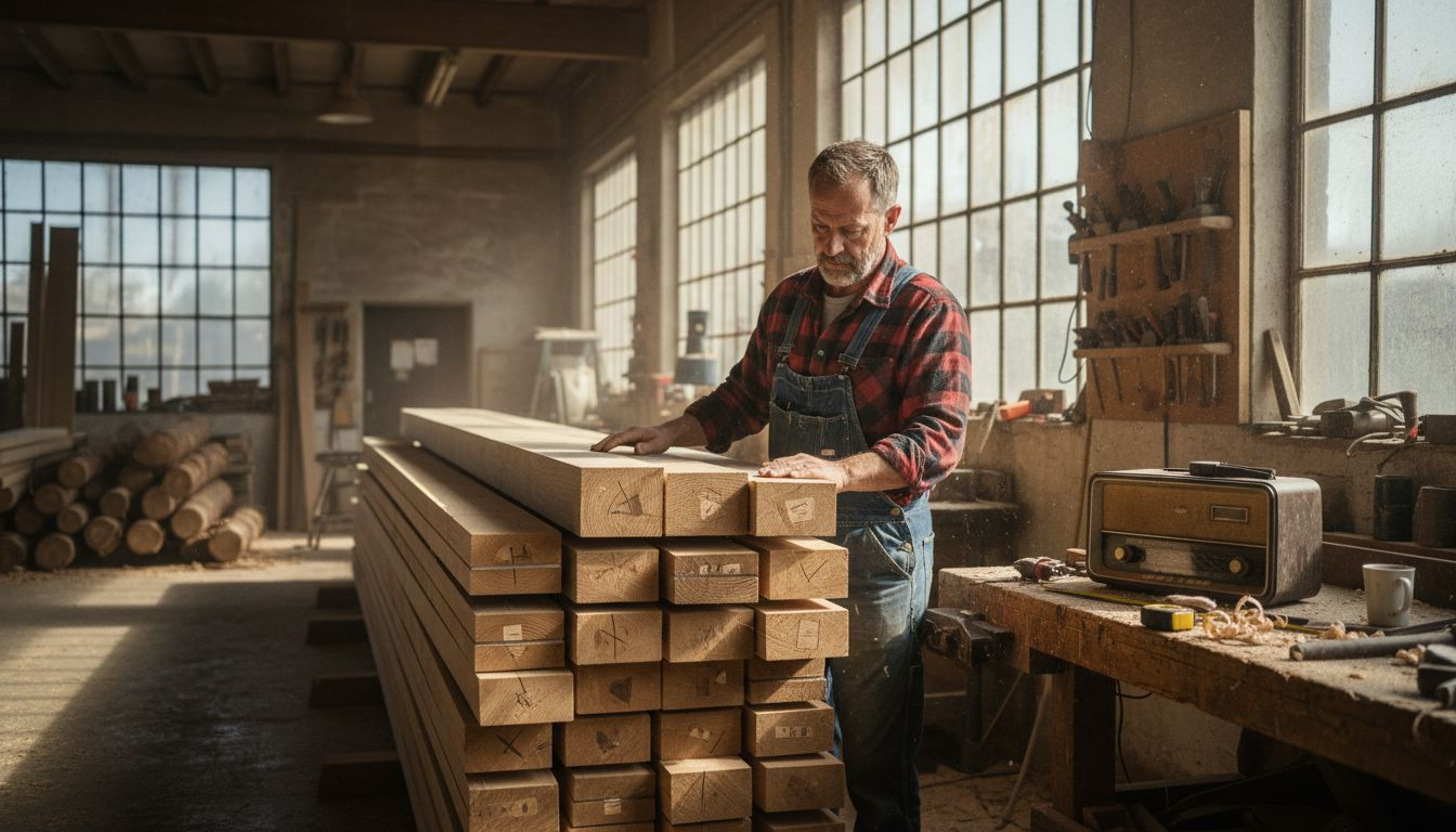 Carpenter inspecting Finnish timber beams