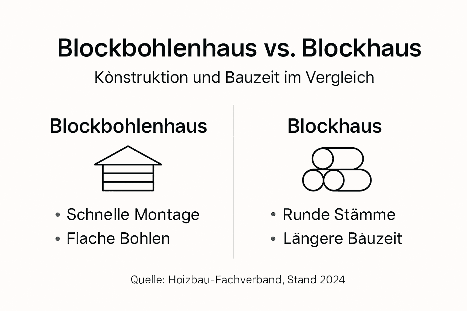 Infografik: Unterschiede und Besonderheiten von Blockbohlenhaus und Blockhaus im Bau