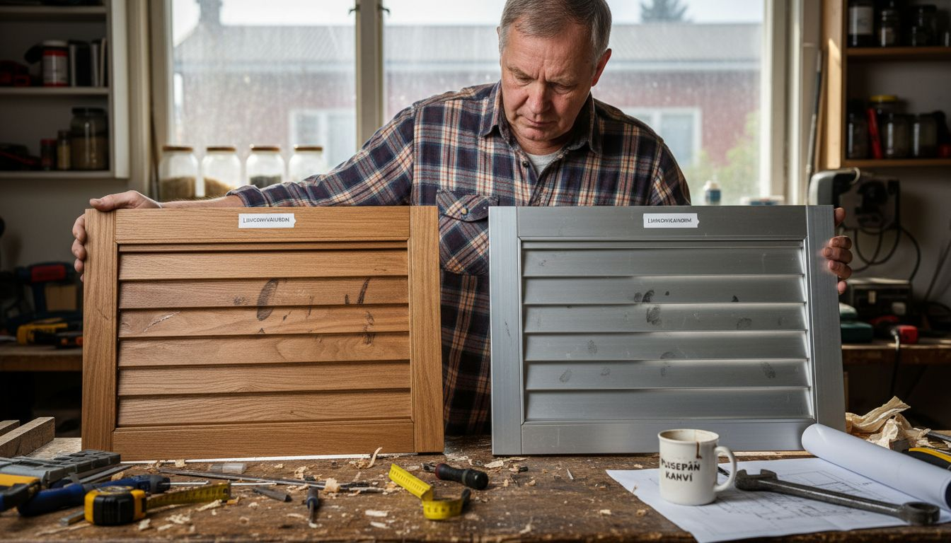 Mies pohtii, kumpi olisi parempi valinta kotiinsa – puiset vai alumiiniset sälekaihtimet.