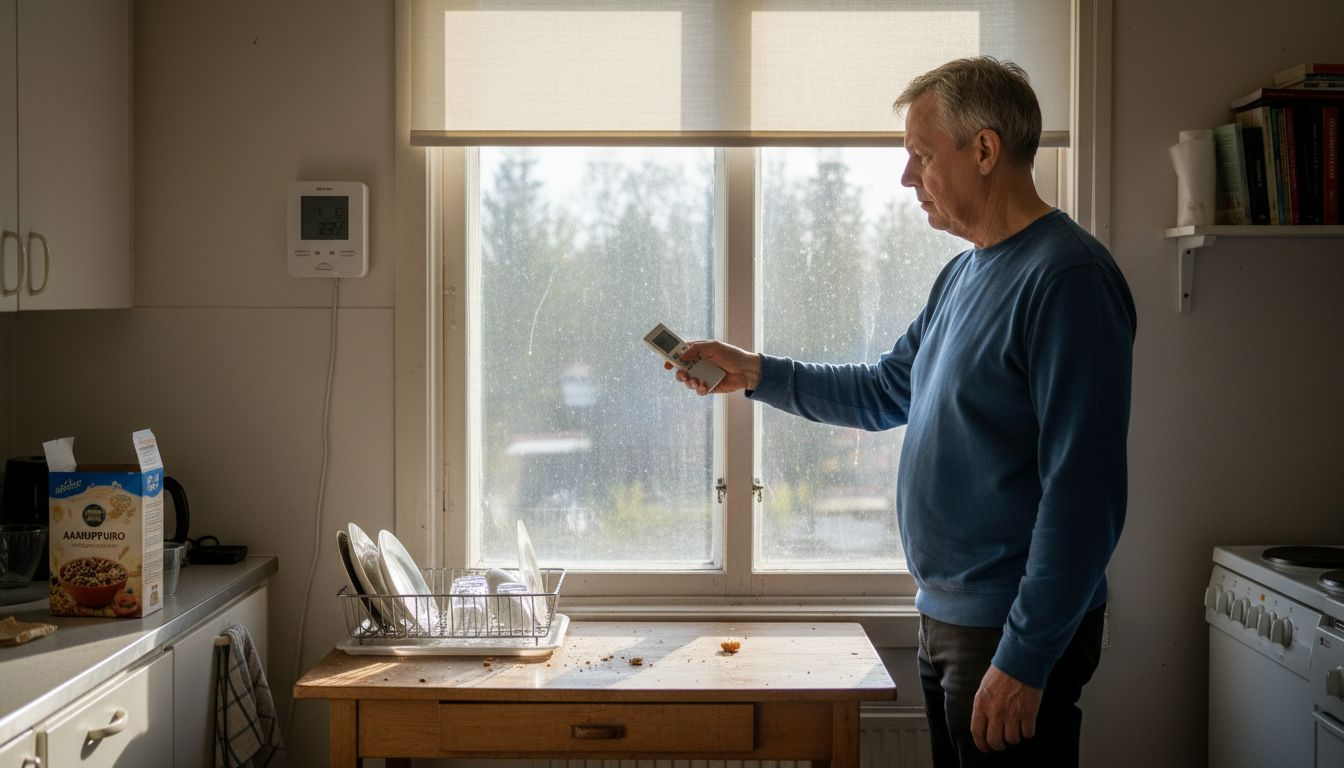 Mies vetää sälekaihtimet alas ja sammuttaa ilmastoinnin.