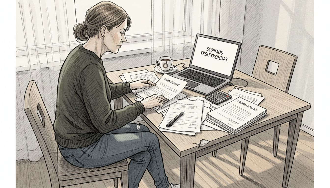 Nainen käy läpi puutoimittajien sopimuksia pöydän ääressä.