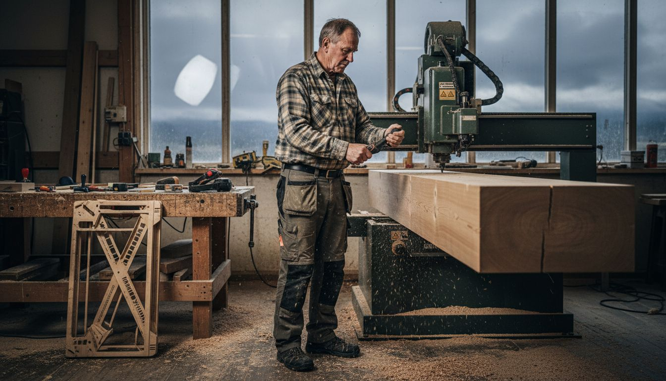 In seiner Werkstatt bearbeitet der Zimmermann Holzbalken mit viel Sorgfalt und handwerklichem Geschick.